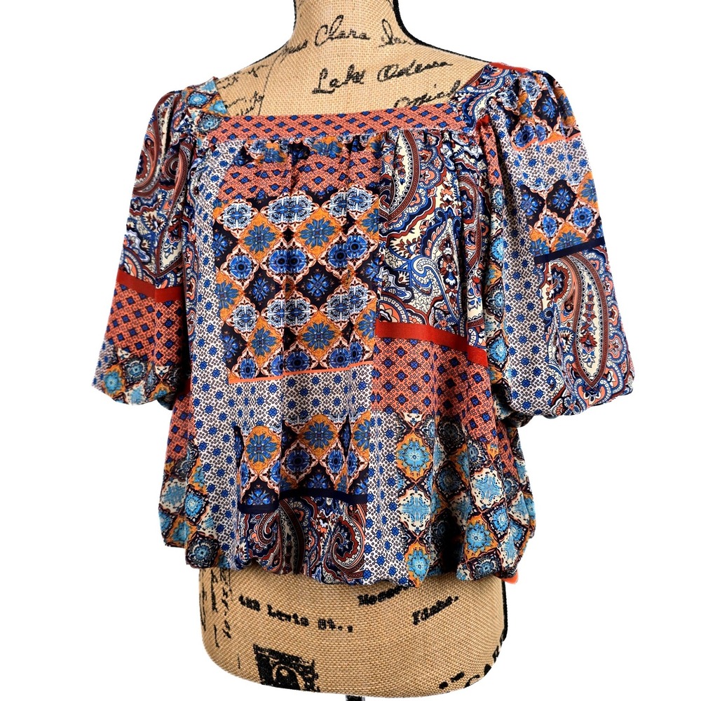 Entro Paisley Patchwork Bubble Sleeve Blouse Square Neck Boho Crop Top Medium